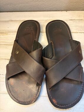Men's Leather Crossover Slide Sandals — Dark Brown